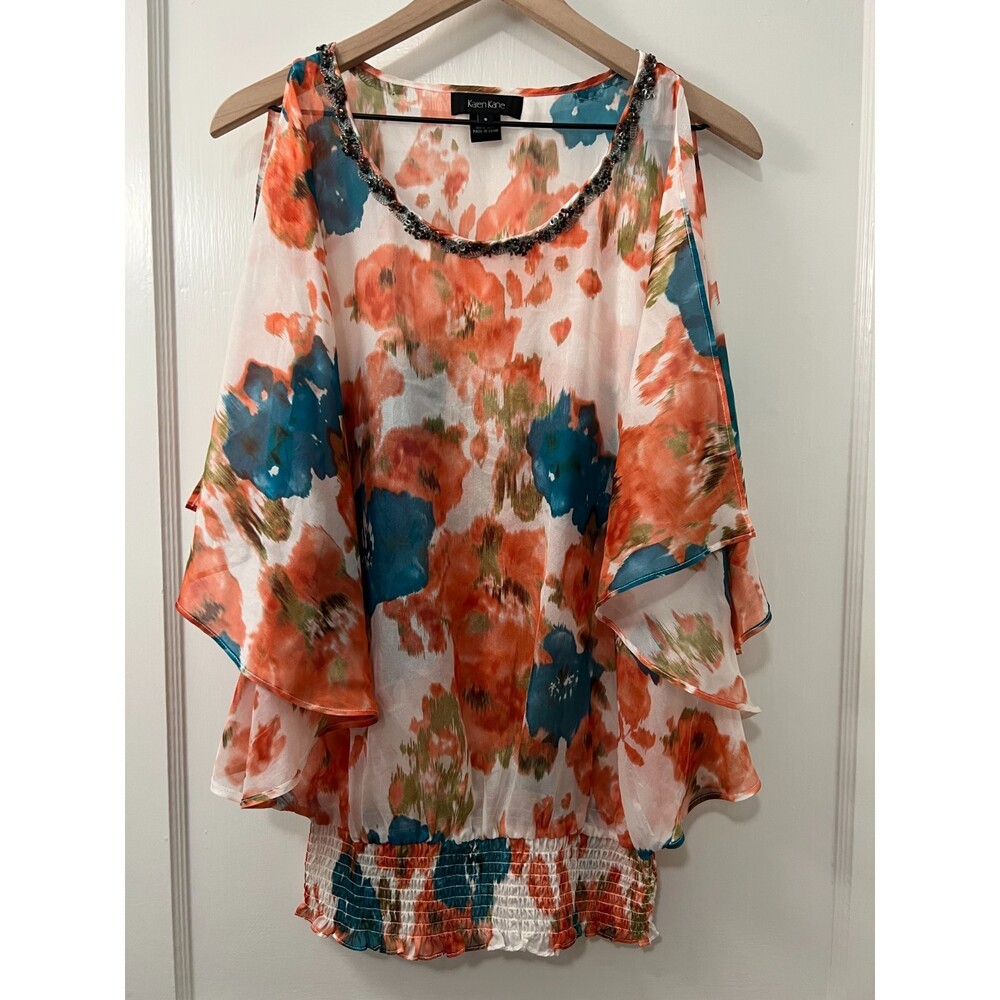 Karen Kane Women's Coral Teal Floral Silk Blouse Top Sequin Beaded Trim Size S